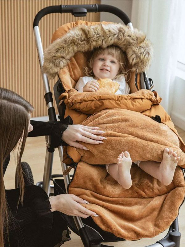 Winter stroller footmuff with bear ears and fur, honey