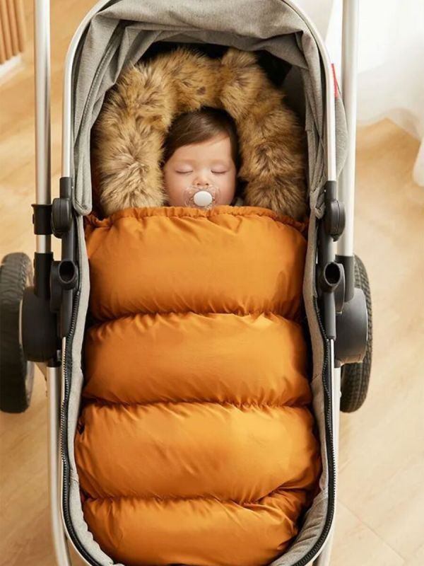 Winter stroller footmuff with bear ears and fur, honey