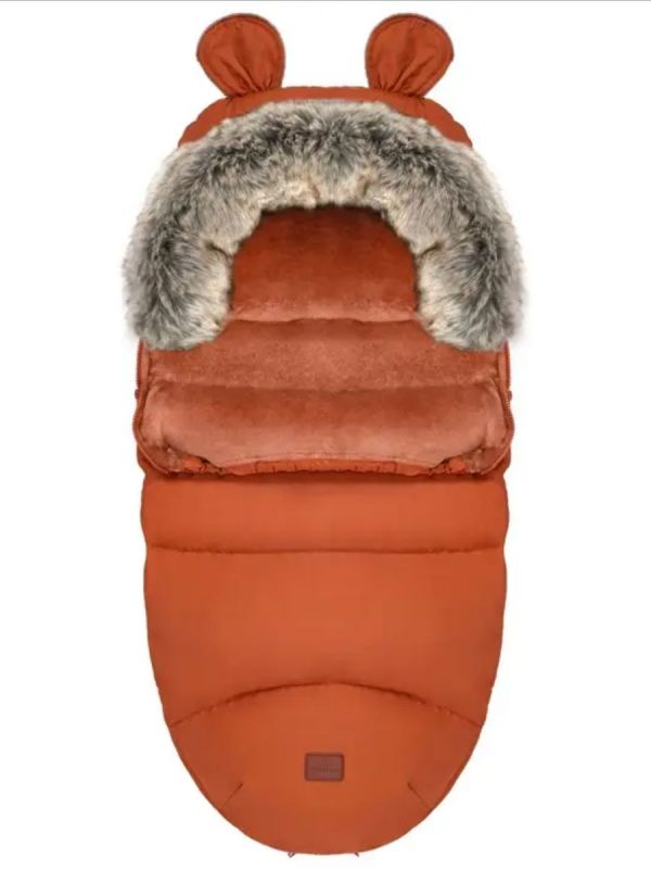 Winter stroller footmuff with bear ears and fur, caramel