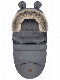 Winter stroller footmuff with bear ears and fur, dark gray