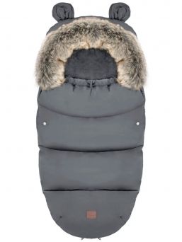 Winter stroller footmuff with bear ears and fur, dark gray