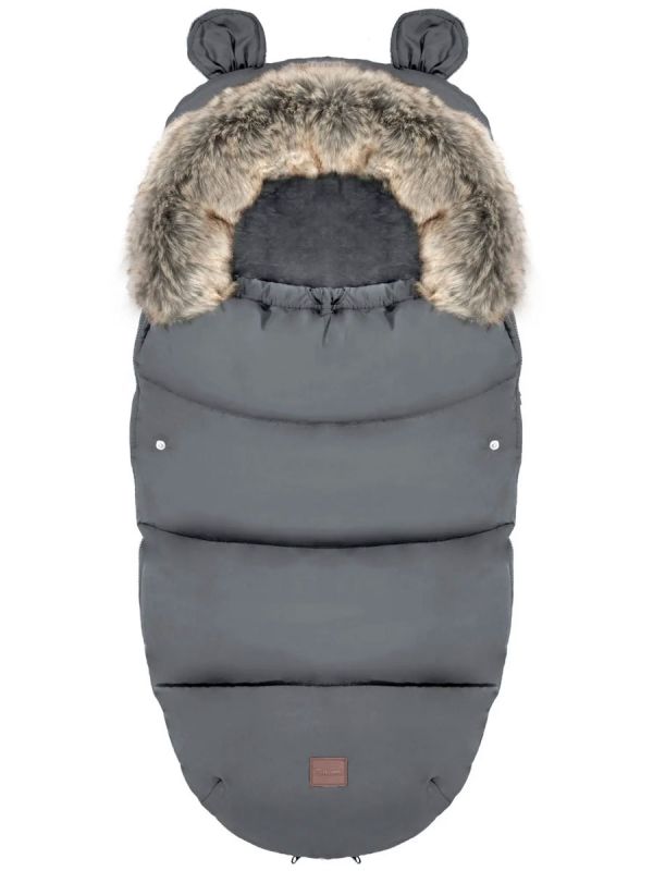 Winter stroller footmuff with bear ears and fur, dark gray