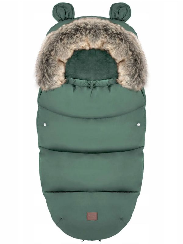 Winter stroller footmuff with bear ears and fur, green