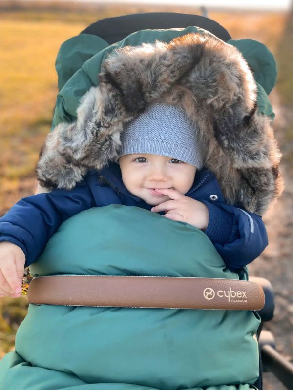 Winter stroller footmuff with bear ears and fur, green