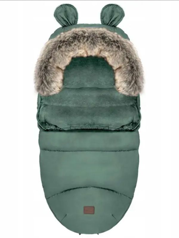 Winter stroller footmuff with bear ears and fur, green