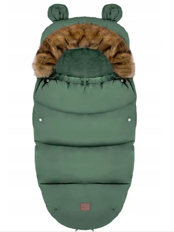 Winter stroller footmuff with bear ears and fur, khaki