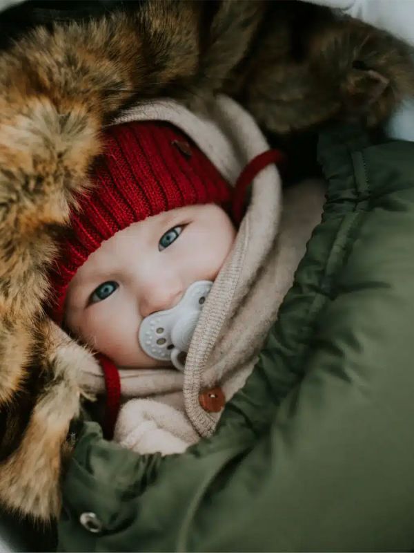 Winter stroller footmuff with bear ears and fur, khaki