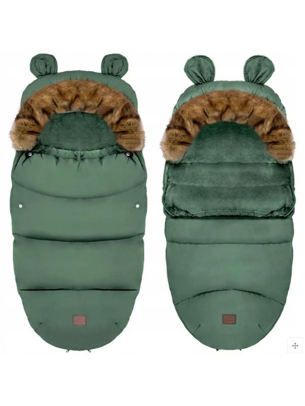 Winter stroller footmuff with bear ears and fur, khaki