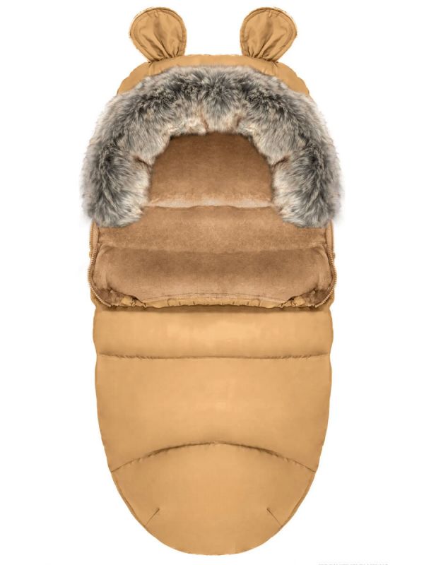 Winter stroller footmuff with bear ears and fur, honey