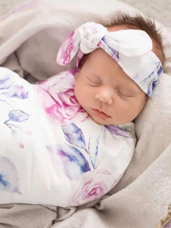 Snuggle Hunny swaddle and bow headband – Lilac Skies