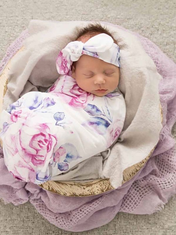 Snuggle Hunny swaddle and bow headband – Lilac Skies