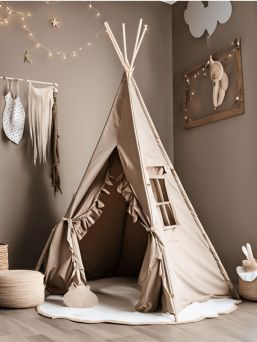 Teepee tent with ruffle edges and carpet, beige