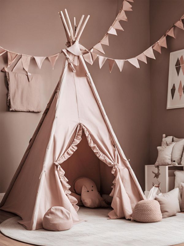 Teepee tent with ruffle edges and carpet, dirty pink