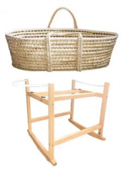 Rocking Moses basket with mattress and stand, natural