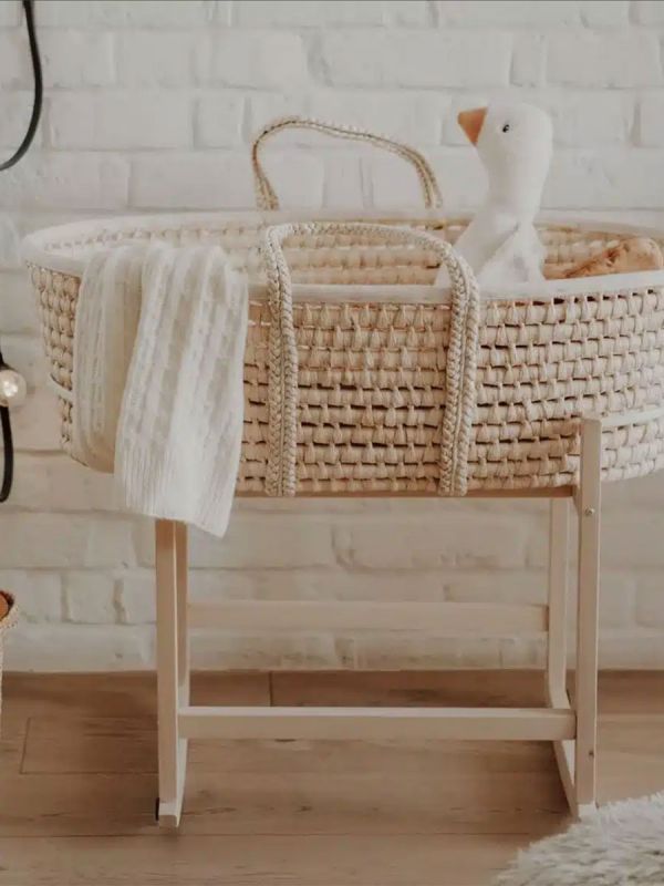 Rocking Moses basket with mattress and stand, natural