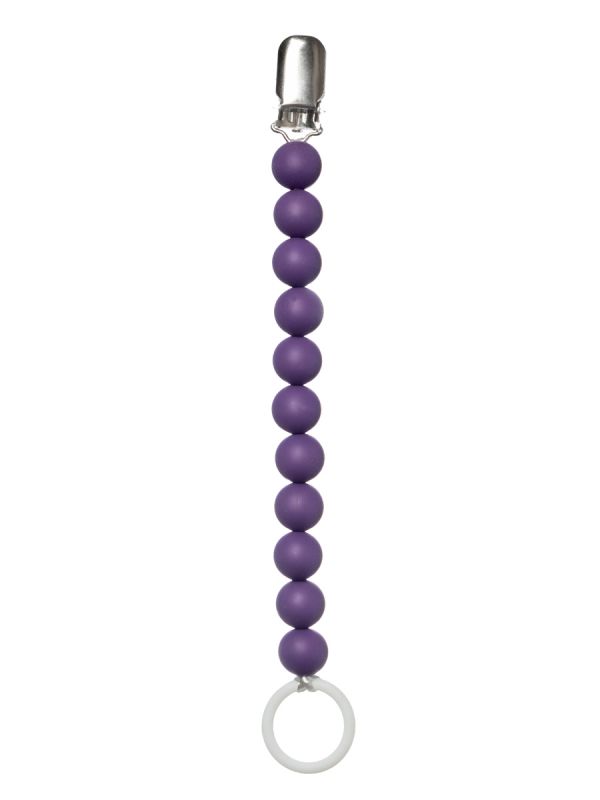 FAIRY OF PREGNANCY trendy, safe and good quality pacifier holder grape violet. Pacifier holder keeps pacifier close to the baby. Pacifier holder prevents dripping, when the pacifier often get dirty or lost. Pacifier holder is made out of safe BPA free food grade silicone beads and ring. Metal clip fastening. Hand wash with warm soapy water.